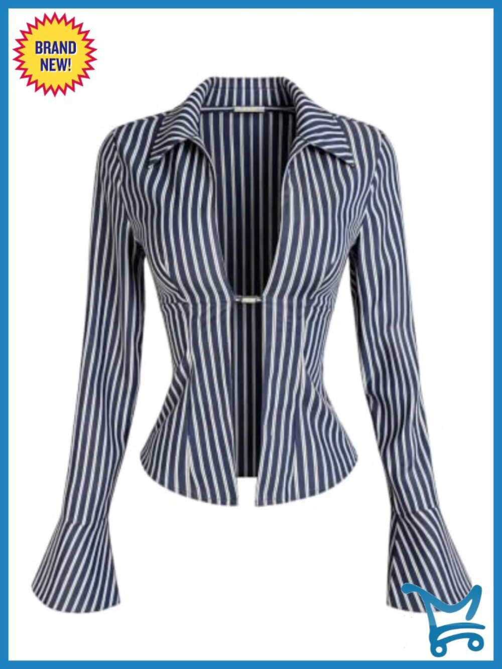 Women's Striped Long Sleeve Collared Knot Front Crop Blouse Ruffle Bell Sleeve
